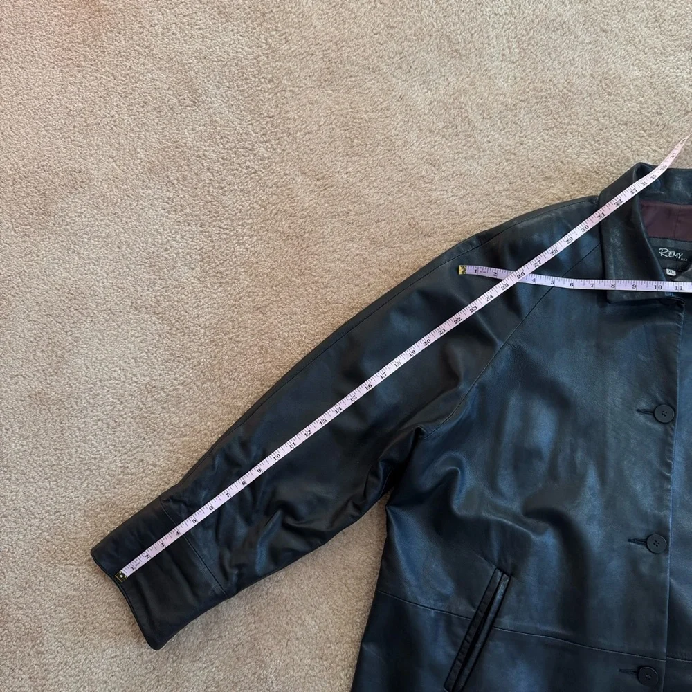 80s Vintage REMY LEATHER Black Trench Duster Futuristic Goth Coat XL